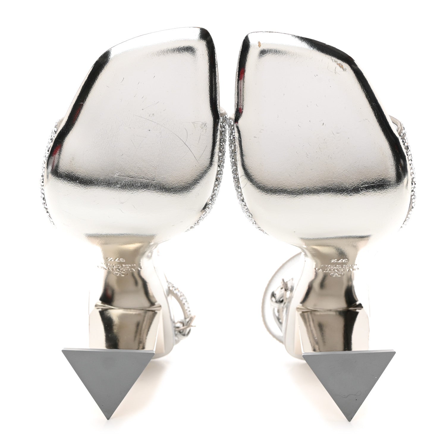 Valentino Garavani Metallic Pebbled Calfskin Rockstud Asymmetric 100mm Sandals 37.5 Silver 5 of 10