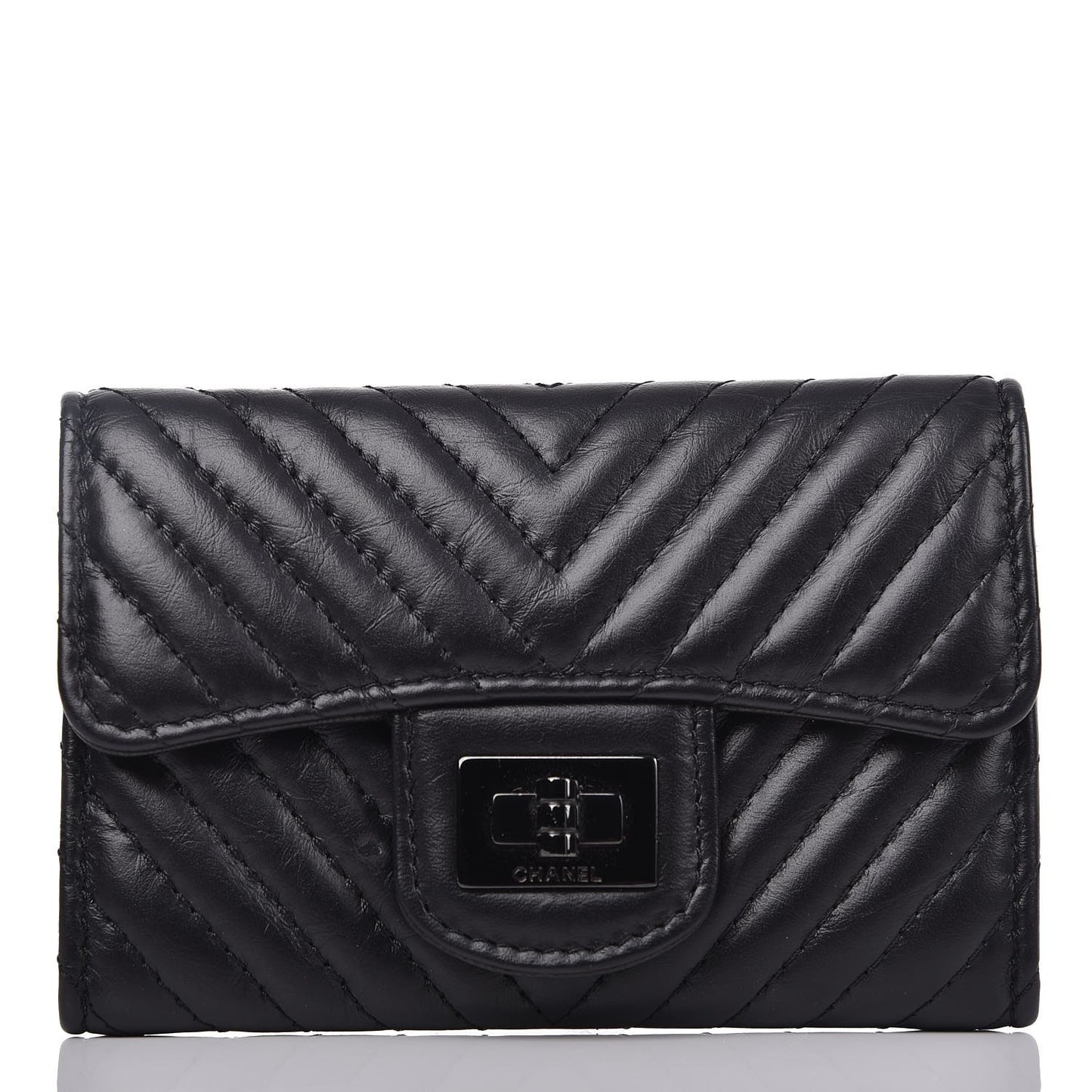Aged Calfskin Chevron Quilted Card Holder Wallet So Black