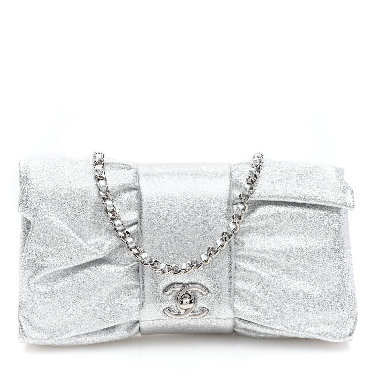 Chanel Metallic Lambskin Tie My Bow Flap Clutch With Chain Silver 1 of 10