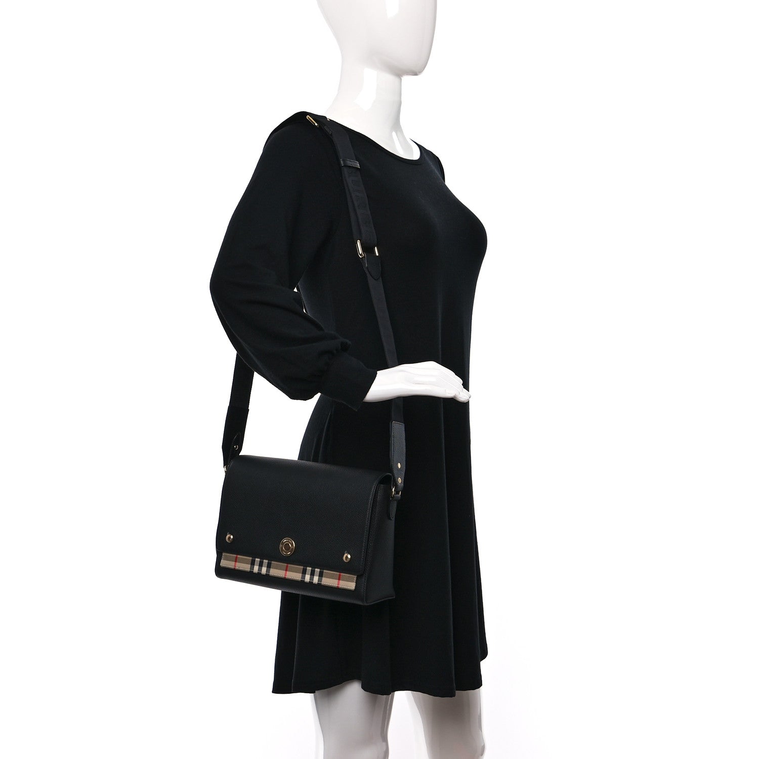 Burberry Coated Canvas Calfskin Vintage Check Medium Note Crossbody Bag Black 2 of 8