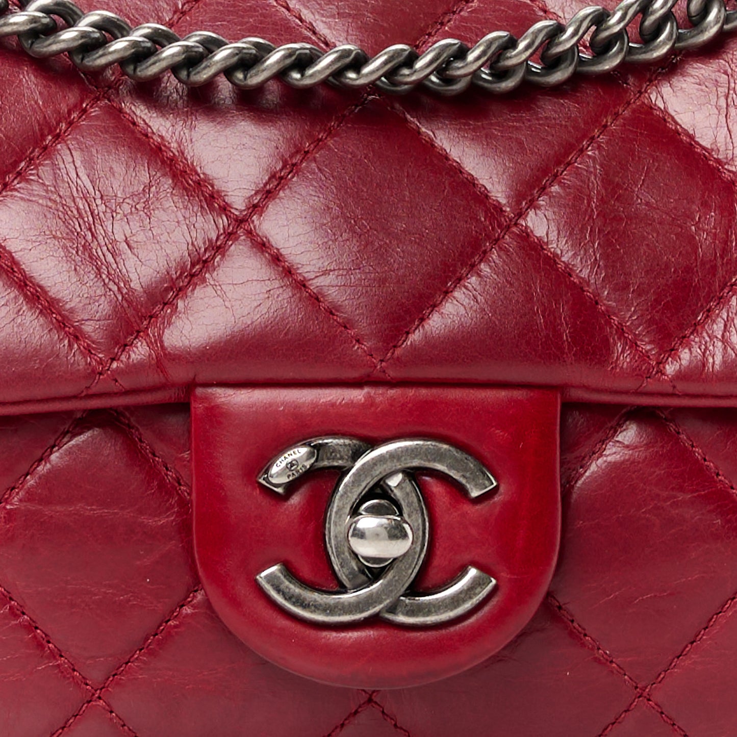 Glazed Calfskin Quilted Medium Duo Color Flap Dark Red