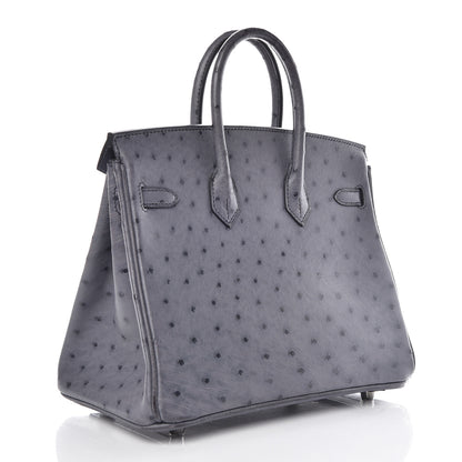 Hermes Ostrich Horseshoe Birkin 25 Gris Agate Bleu Marine 3 of 43