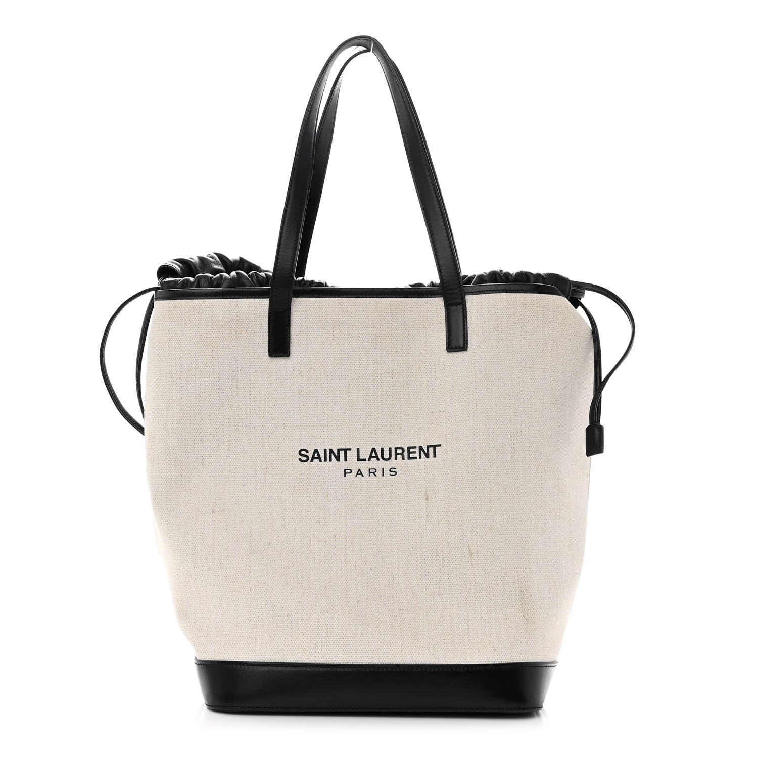 Saint Laurent Canvas Calfskin Teddy Drawstring Shopping Tote White Black 3 of 11