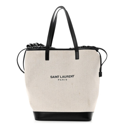 Saint Laurent Canvas Calfskin Teddy Drawstring Shopping Tote White Black 3 of 11