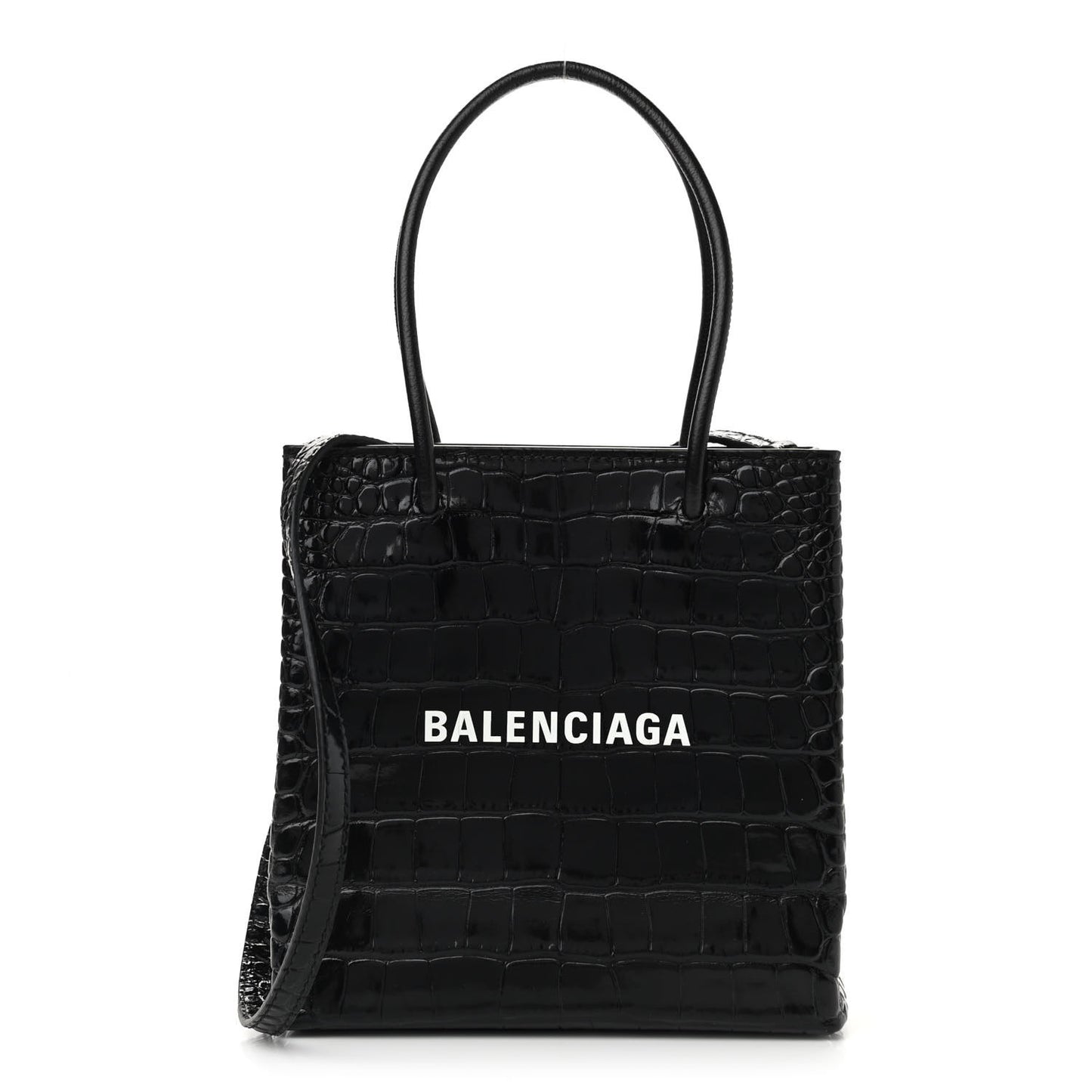 Shiny Calfskin Logo Crocodile Embossed North South Shopper Tote XXS Black White