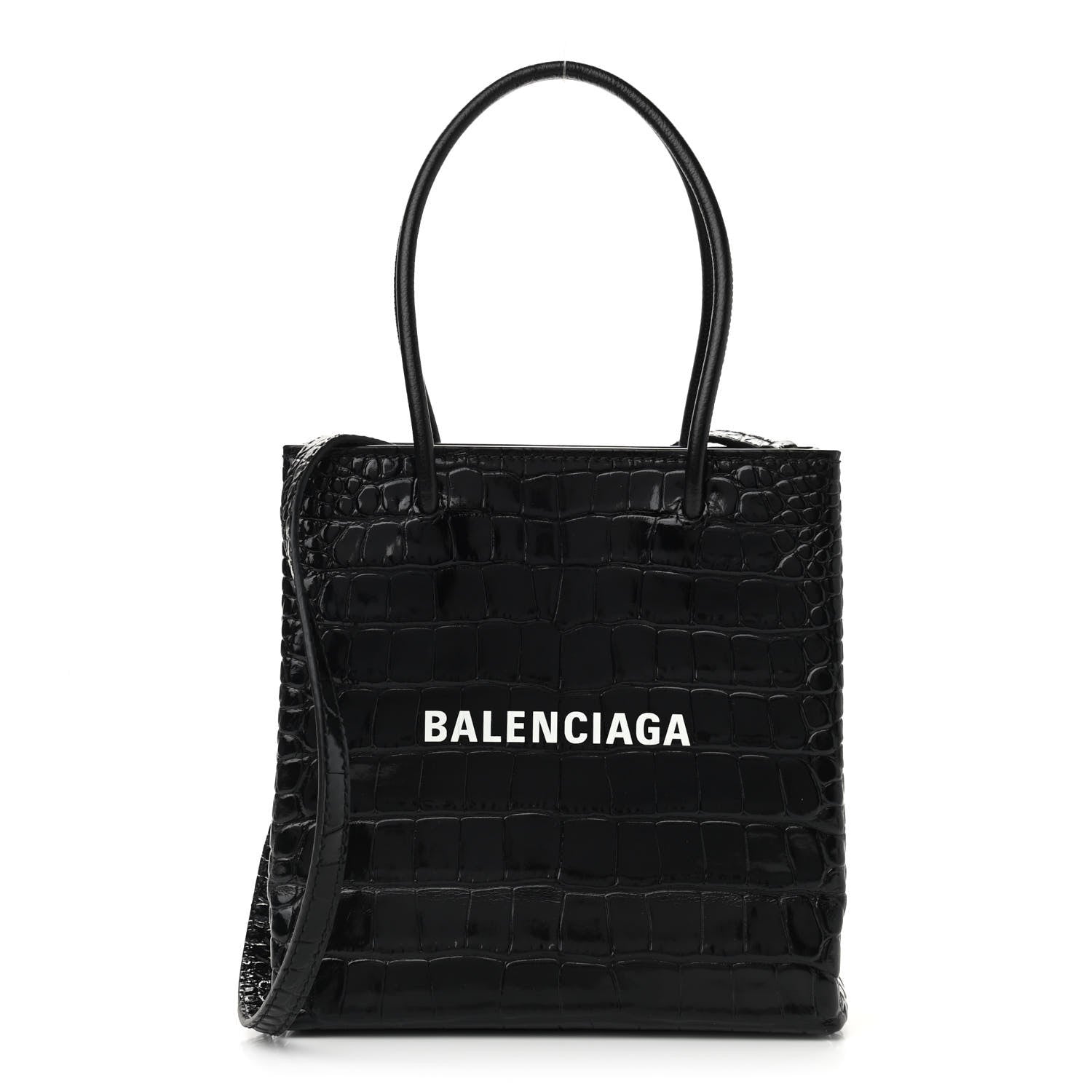 Balenciaga Shiny Calfskin Logo Crocodile Embossed North South Shopper Tote XXS Black White 1 of 8