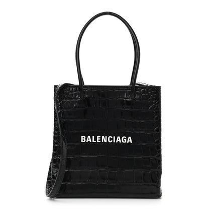 Balenciaga Shiny Calfskin Logo Crocodile Embossed North South Shopper Tote XXS Black White 1 of 8
