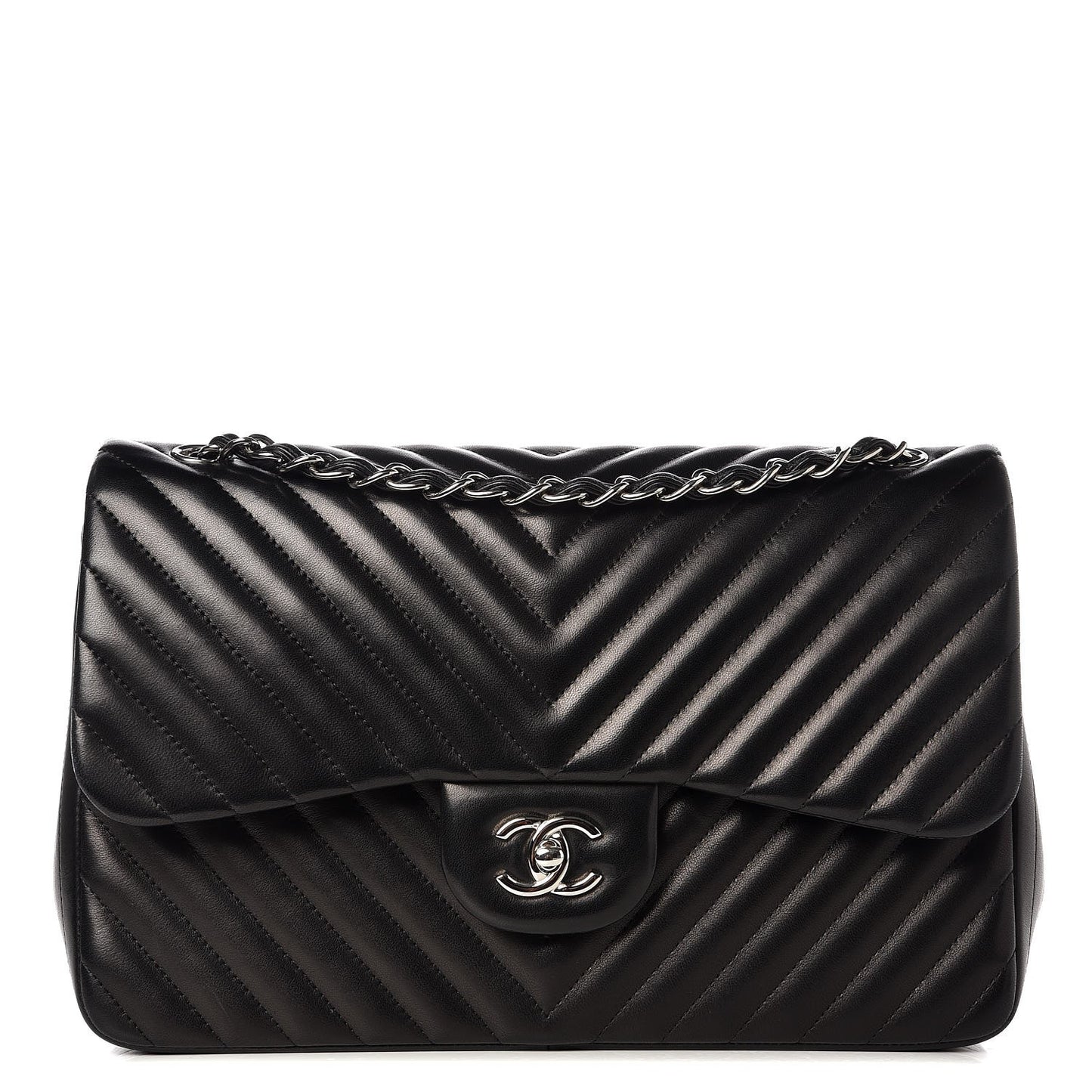 Lambskin Chevron Quilted Jumbo Double Flap Black