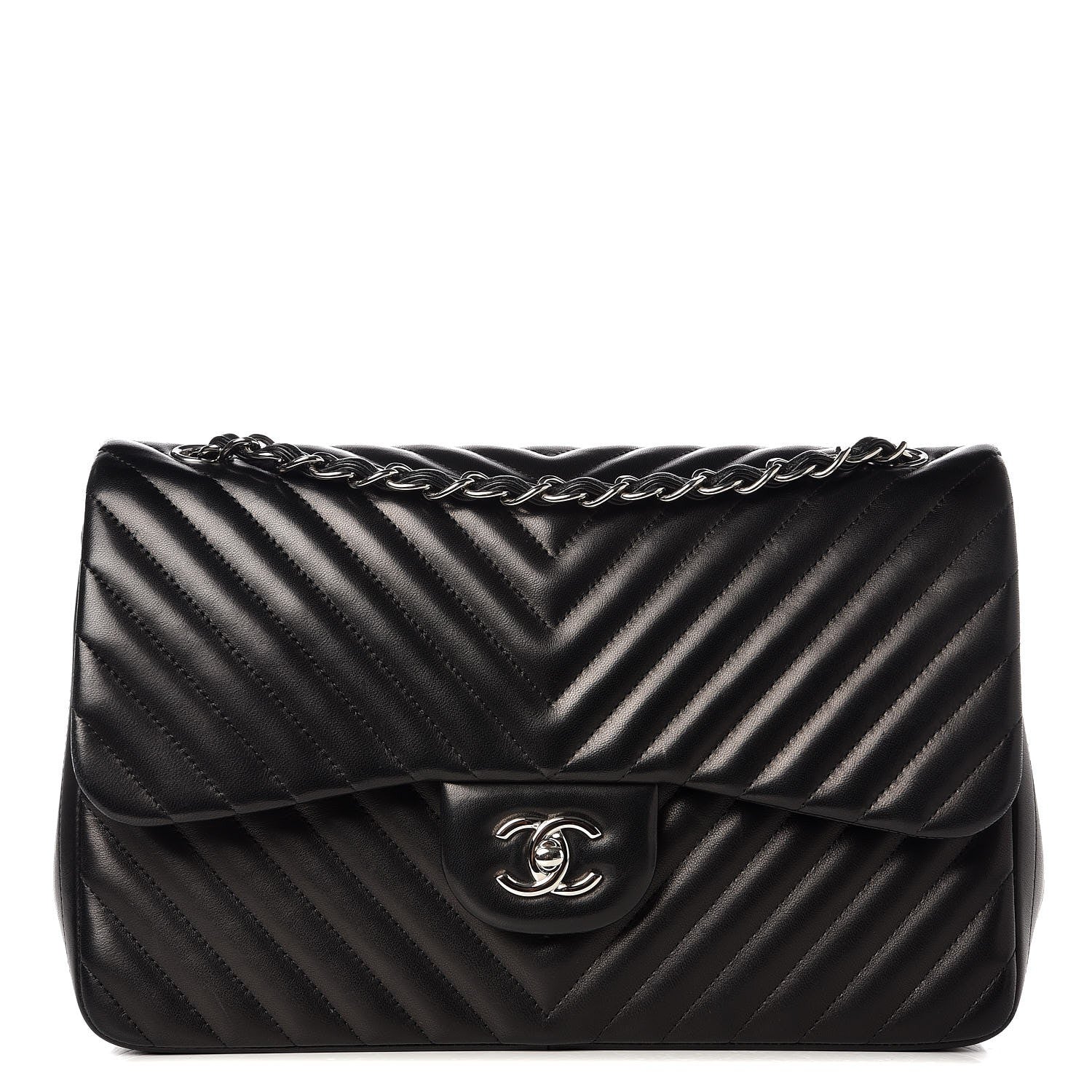 Chanel Lambskin Chevron Quilted Jumbo Double Flap Black 1 of 12