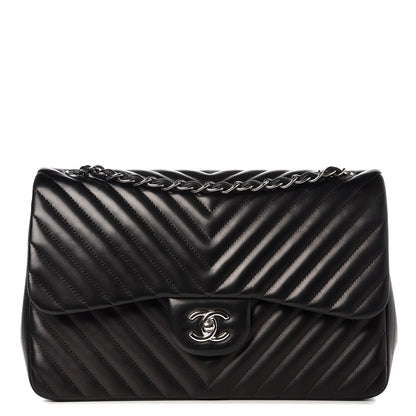 Chanel Lambskin Chevron Quilted Jumbo Double Flap Black 1 of 12