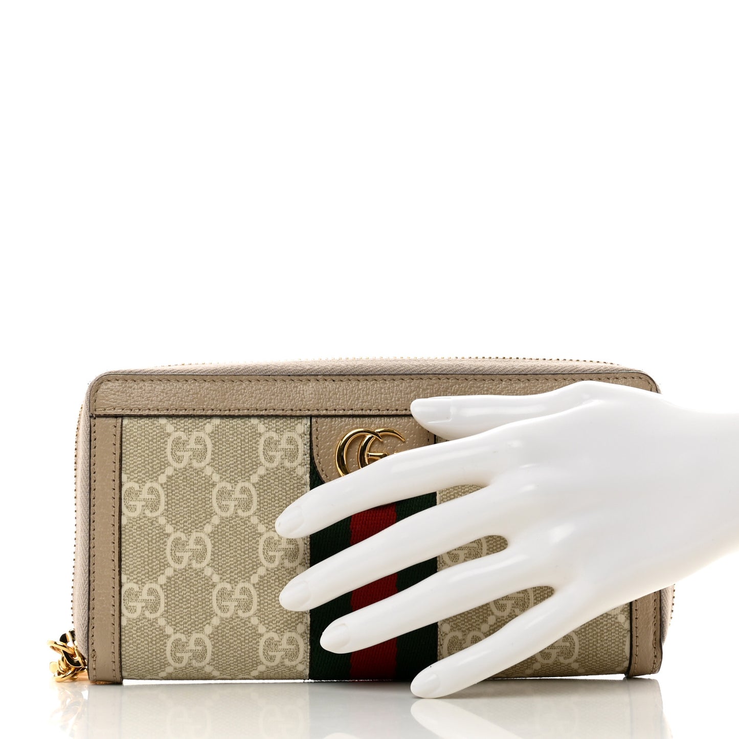 GG Supreme Monogram Textured Dollar Calfskin Web Ophidia Zip Around Wallet Beige Mystic White Oatmeal