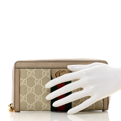 Gucci GG Supreme Monogram Textured Dollar Calfskin Web Ophidia Zip Around Wallet Beige Mystic White Oatmeal 2 of 9