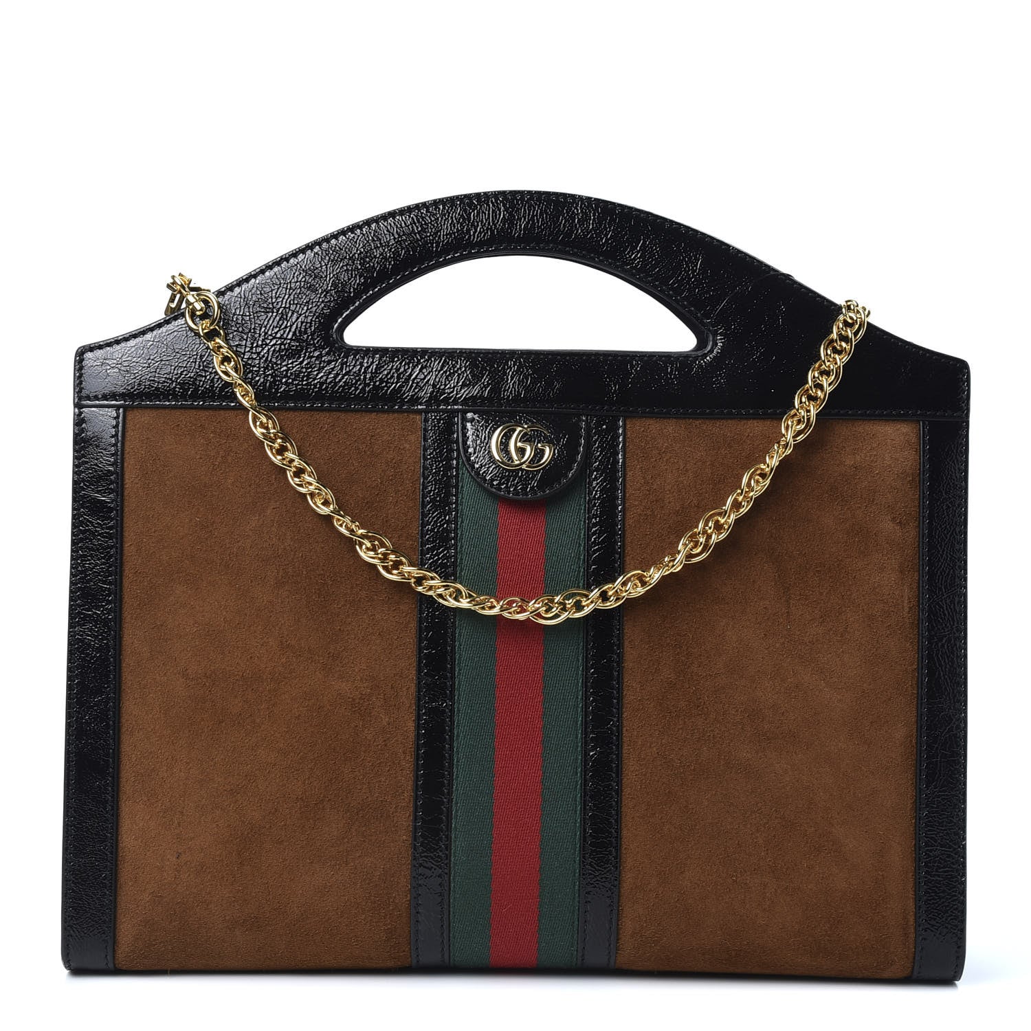 Gucci Suede Patent GG Web Medium Ophidia Top Handle Chain Nocciola Black 1 of 9