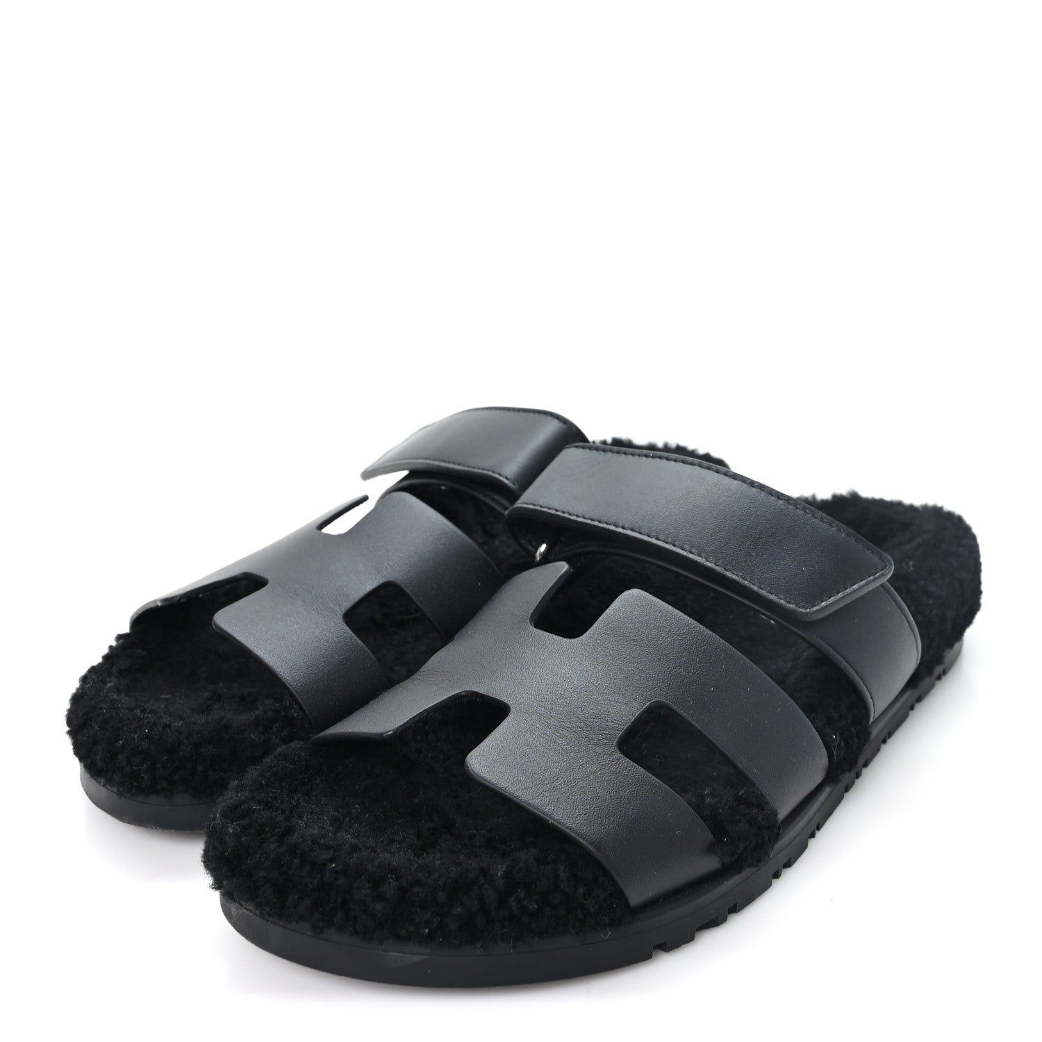 Hermes Calfskin Woolskin Womens Chypre Sandals 38 Black 4 of 10