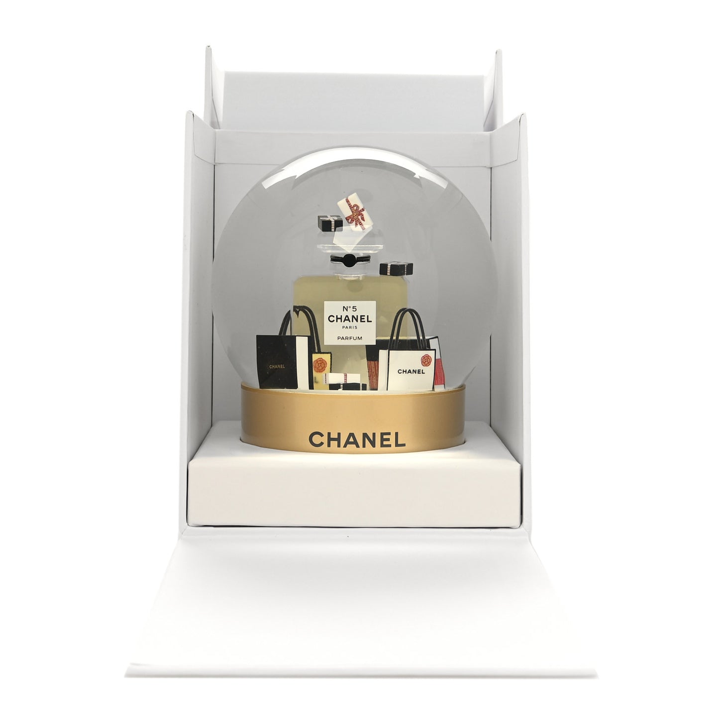 Glass N°5 Perfume Bottle Snow Globe Gold