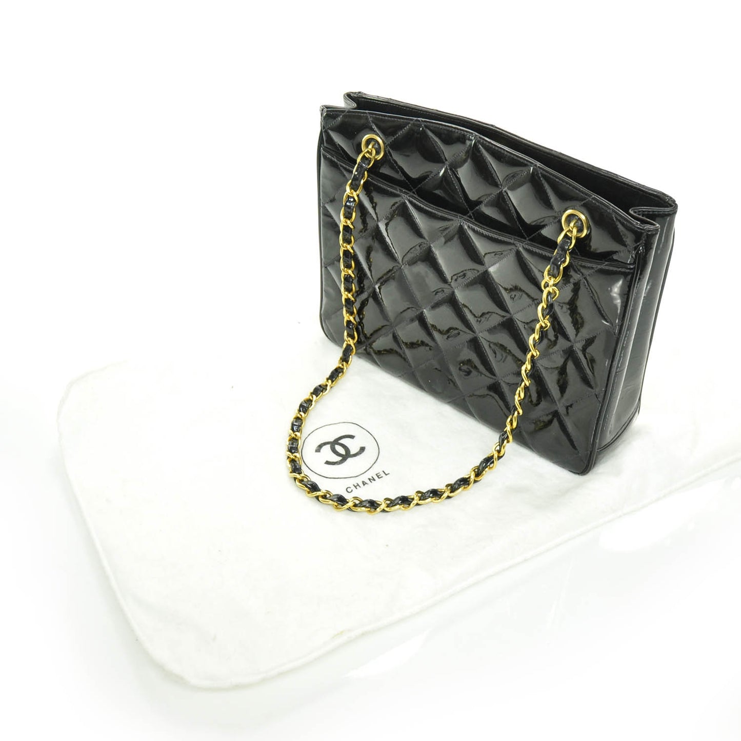 Patent Quilted Shoulder Bag Black