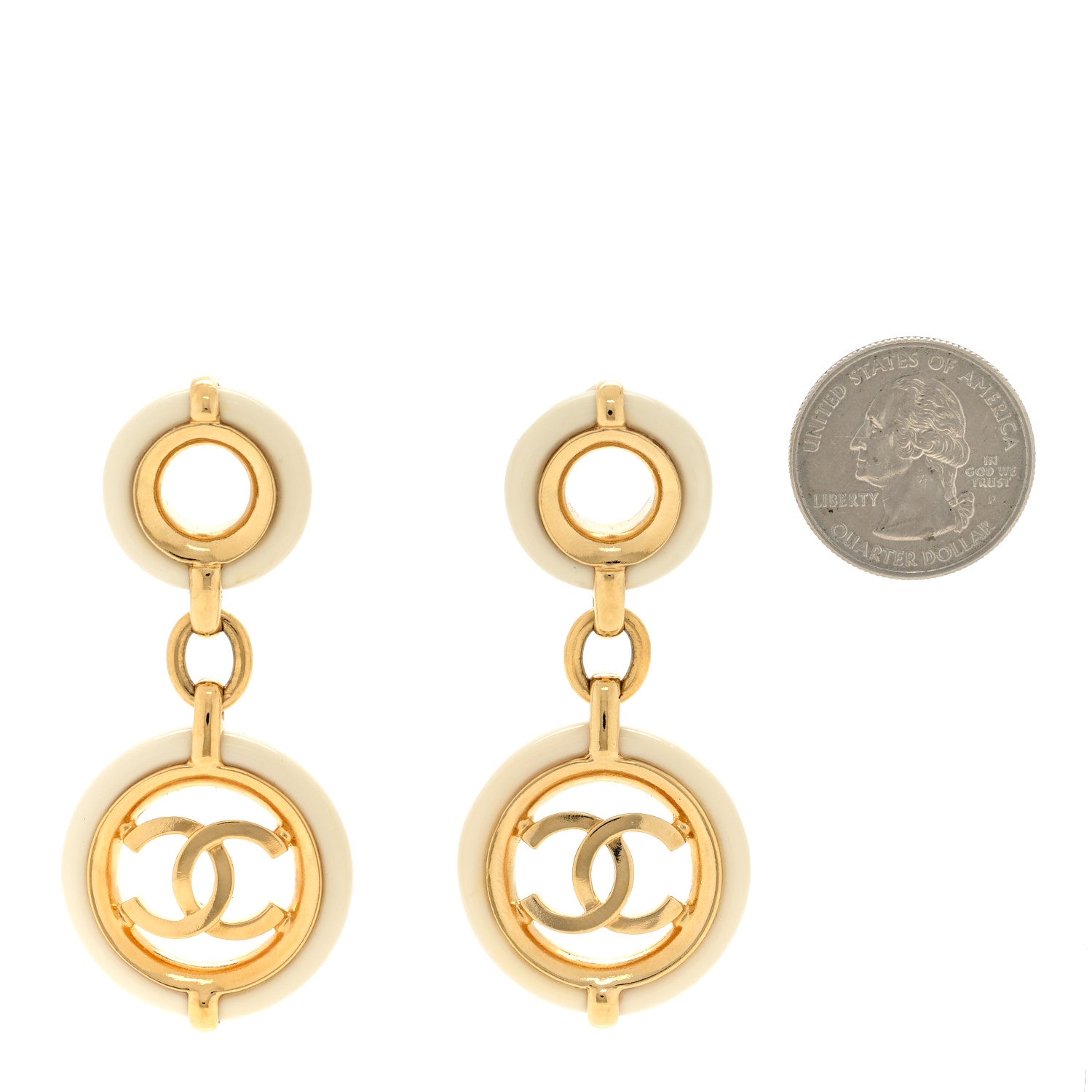 Chanel Metal Resin CC Round Drop Earrings Gold White 2 of 4