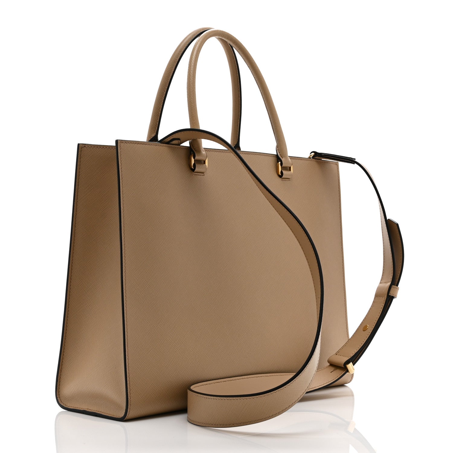 Prada Saffiano Lux Logo Embossed Large Shoulder Tote Handbag Beige 3 of 20