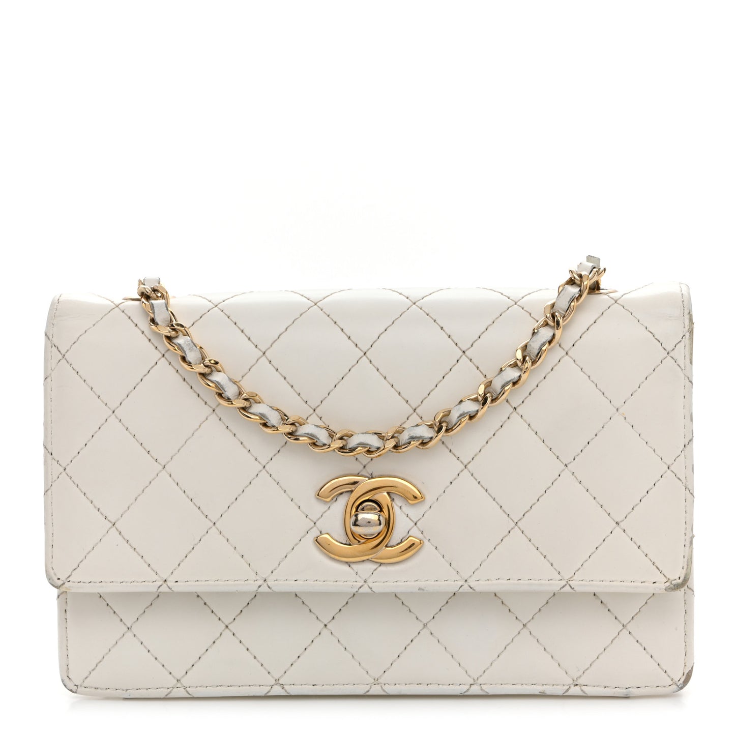 Glazed Calfskin Quilted Small Flap White