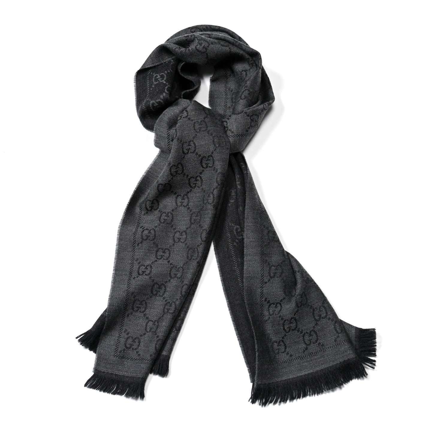 Wool Jacquard GG Monogram Sten Fringe Scarf Anthracite Black
