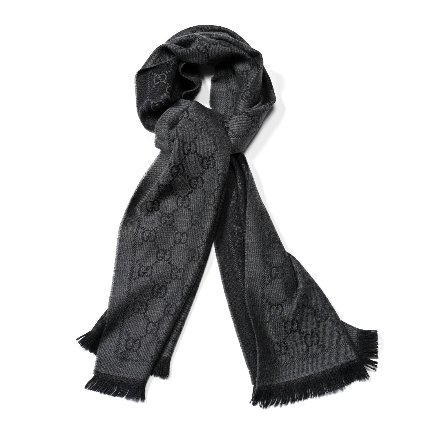 Gucci Wool Jacquard GG Monogram Sten Fringe Scarf Anthracite Black 1 of 5