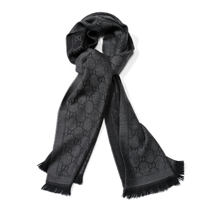 Gucci Wool Jacquard GG Monogram Sten Fringe Scarf Anthracite Black 1 of 5