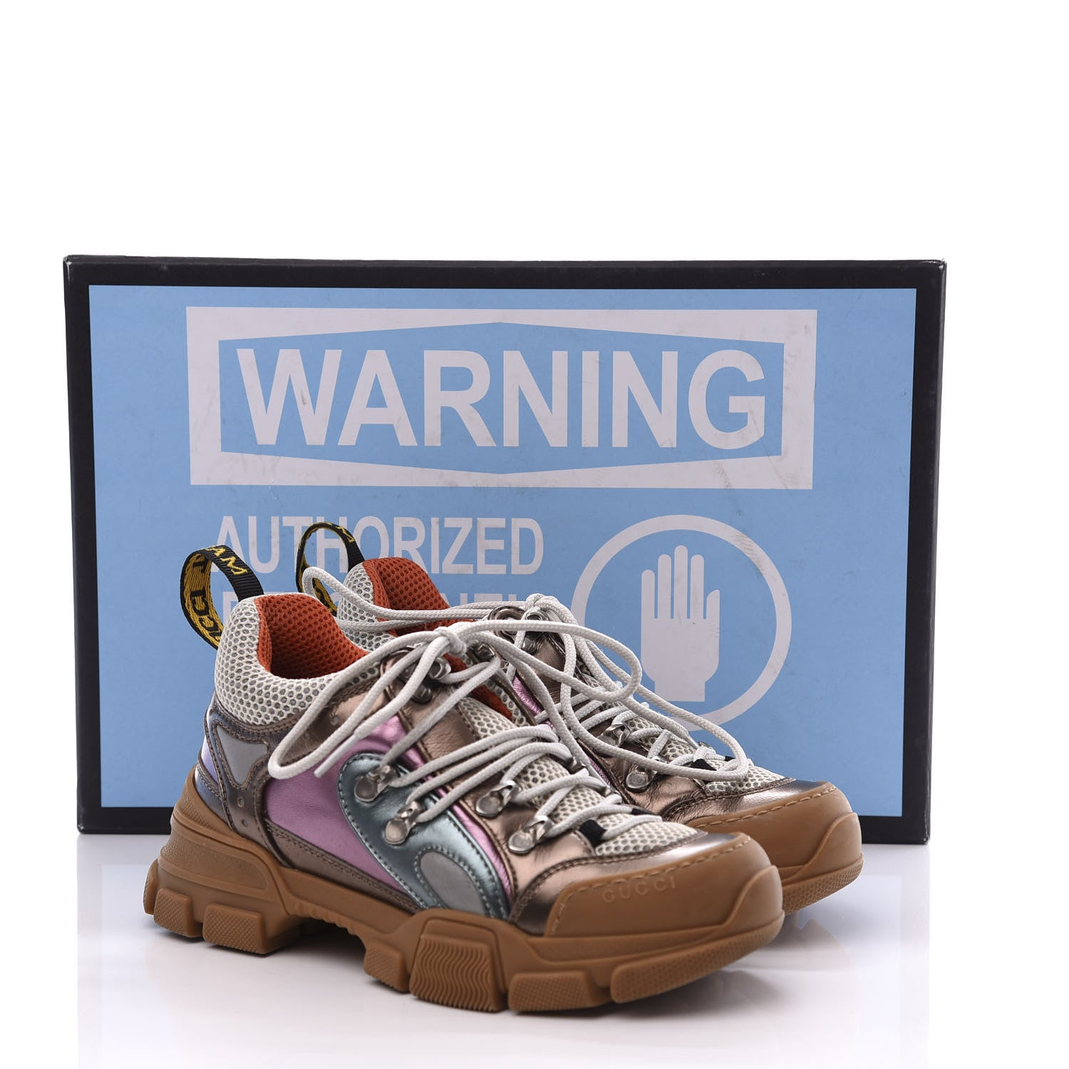 Gucci X SEGA Metallic Calfskin Mesh Womens Flashtrek Sneakers 35 Rame Mystic White Lago 10 of 10