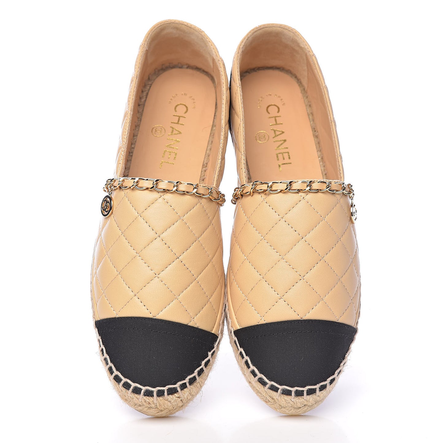 Lambskin Grosgrain Quilted CC Chain Espadrilles 39 Beige Black