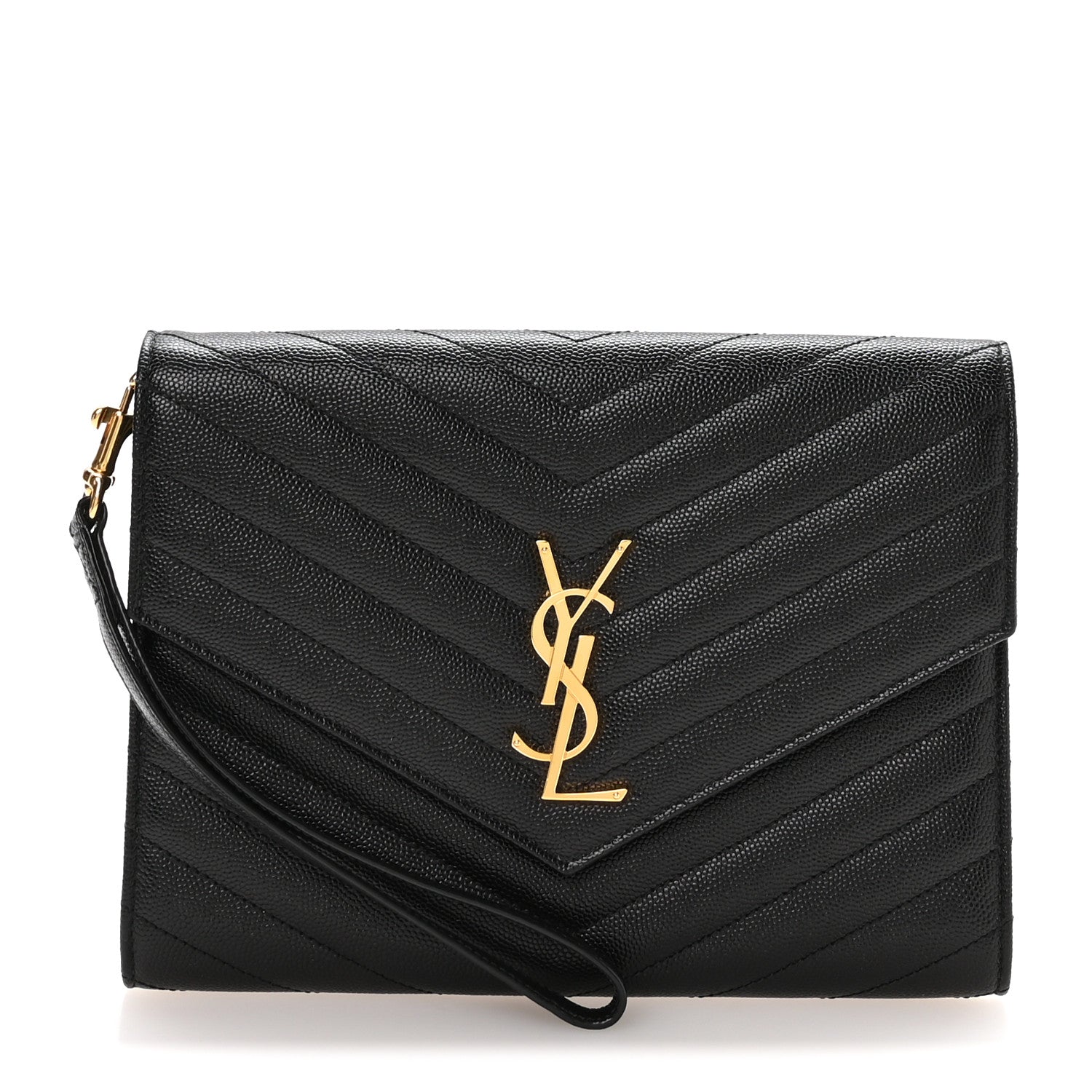 Saint Laurent Grain De Poudre Matelasse Chevron Monogram Envelope Clutch Black 1 of 8