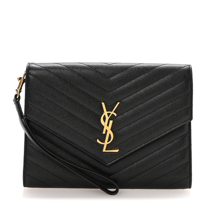 Saint Laurent Grain De Poudre Matelasse Chevron Monogram Envelope Clutch Black 1 of 8