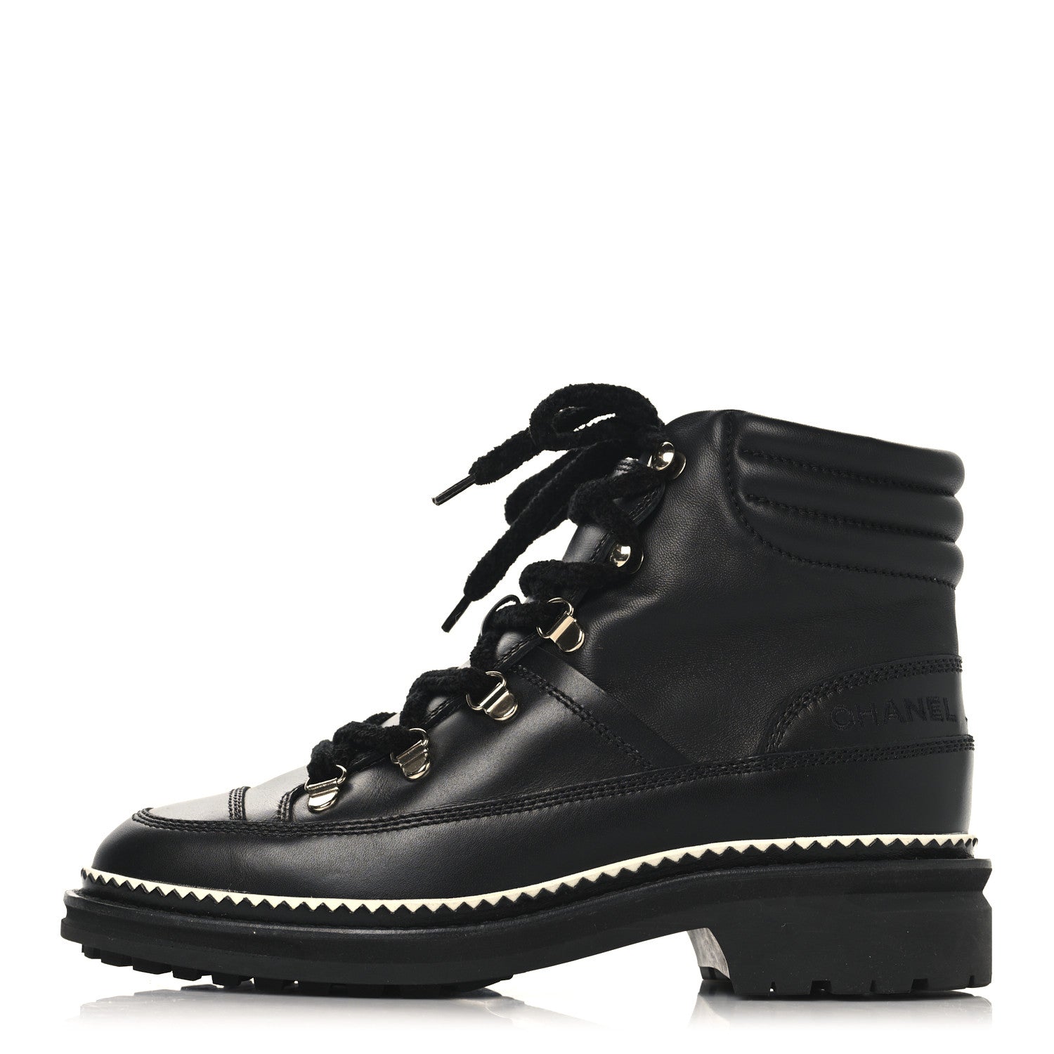 Chanel Calfskin Lambskin Lace Up Boots 37.5 Black 1 of 9
