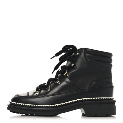 Chanel Calfskin Lambskin Lace Up Boots 37.5 Black 1 of 9