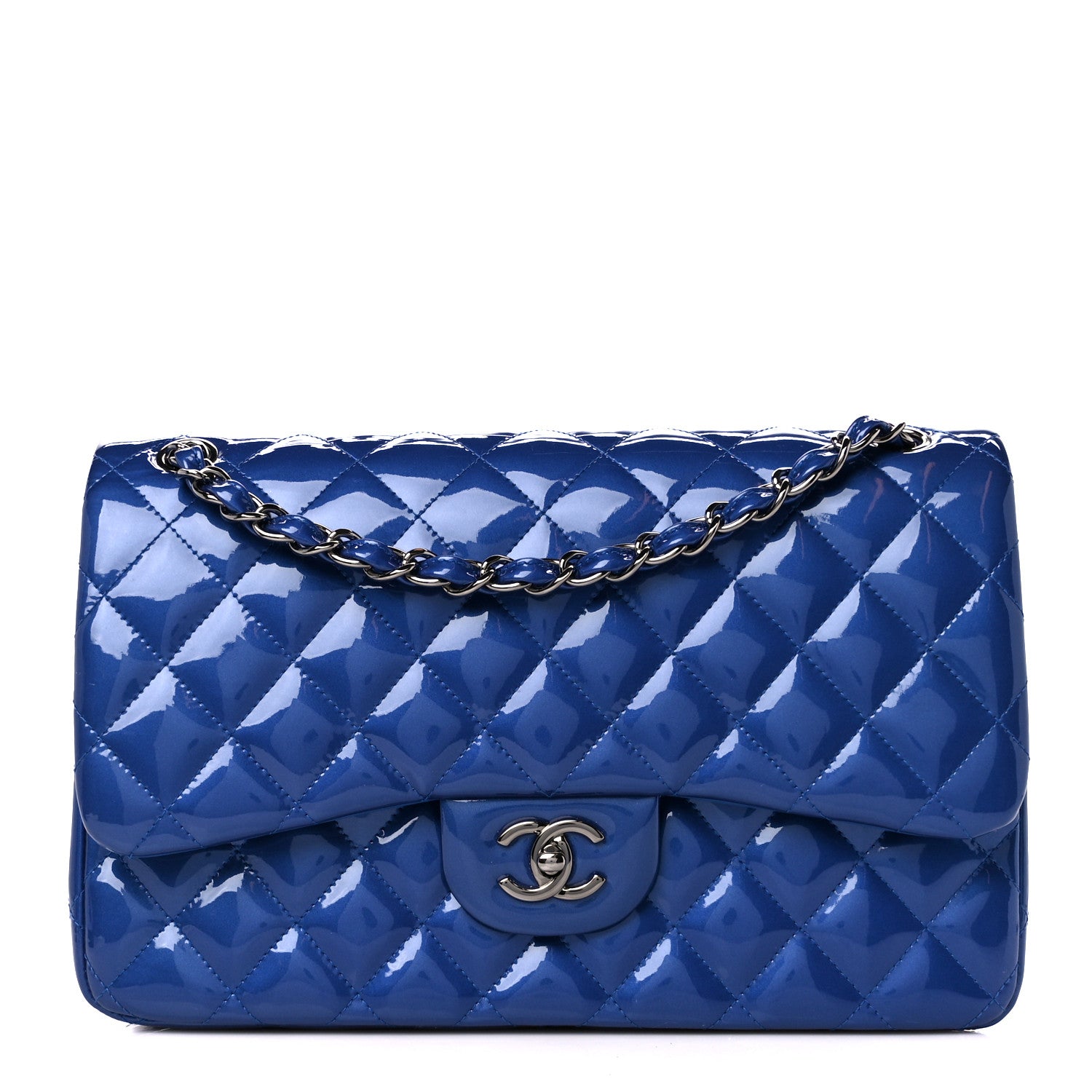 Chanel Patent Calfskin Quilted Jumbo Double Flap Blue 1 of 11