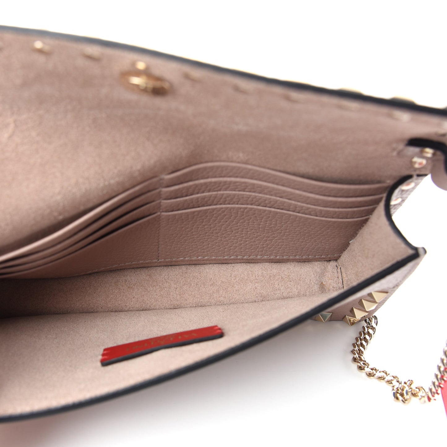 Pebbled Calfskin Rockstud Flap Wallet On Chain Poudre