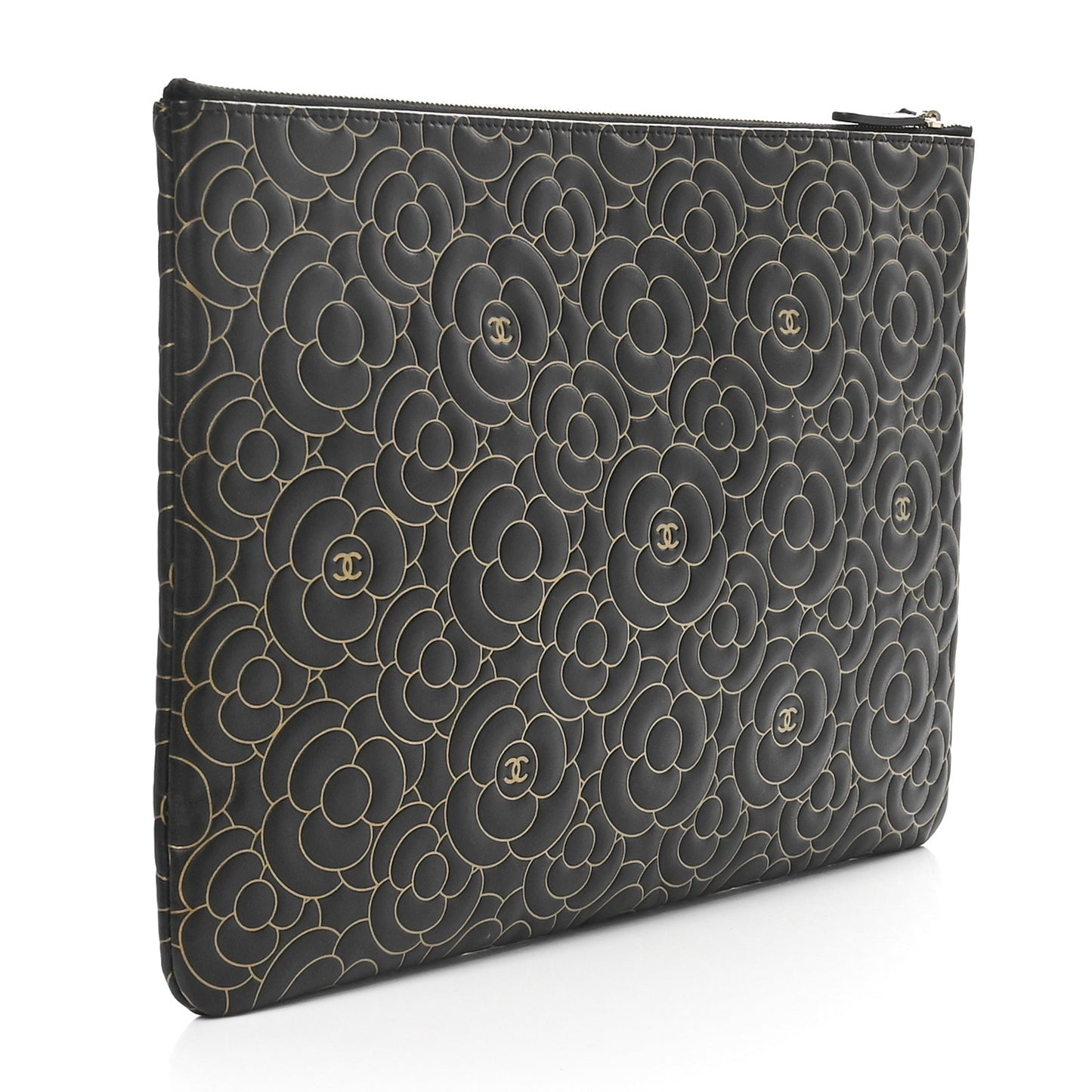 Lambskin Camellia Embossed Large Cosmetic Case Black Gold