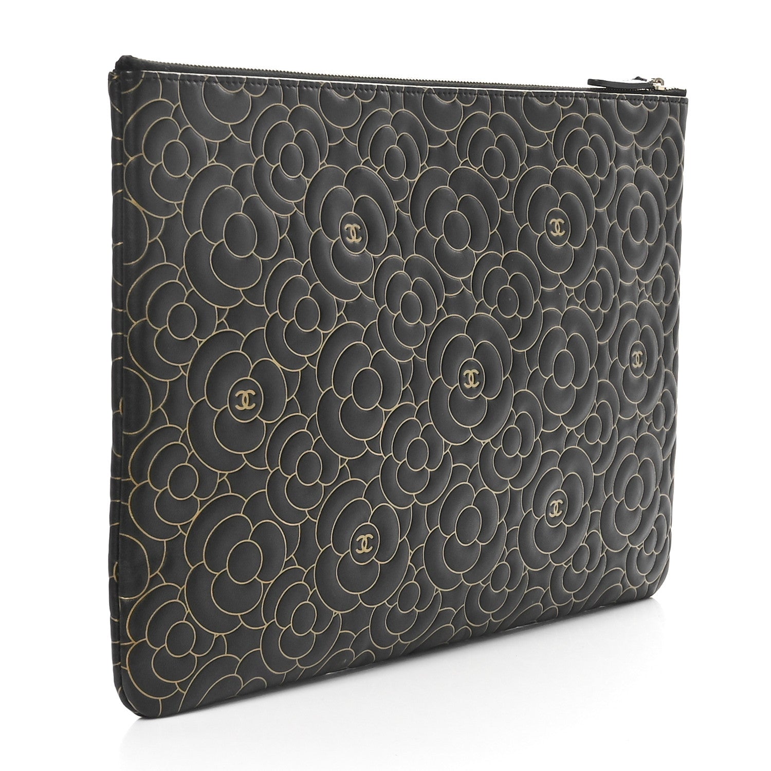Chanel Lambskin Camellia Embossed Large Cosmetic Case Black Gold 3 of 7