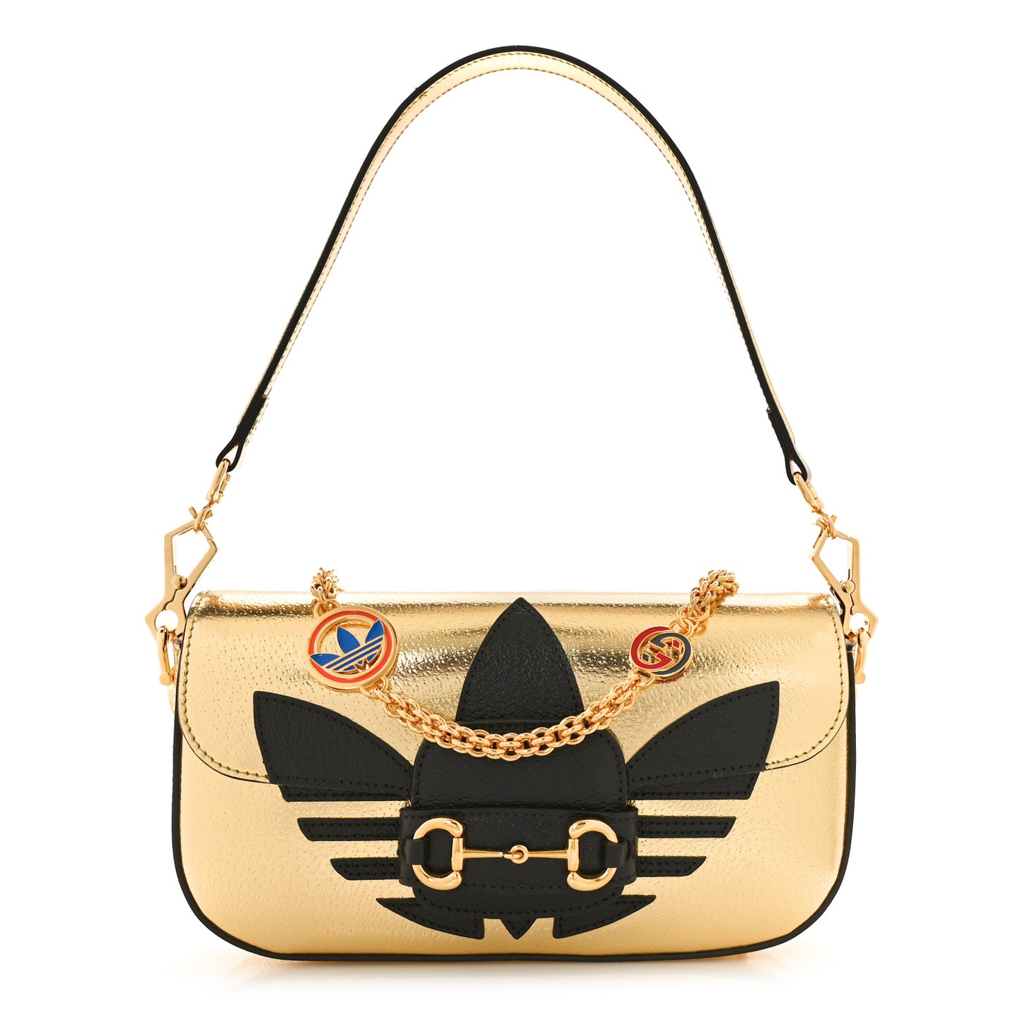 X ADIDAS Textured Dollar Calfskin Web Trefoil Horsebit 1955 Shoulder Bag King Gold Black