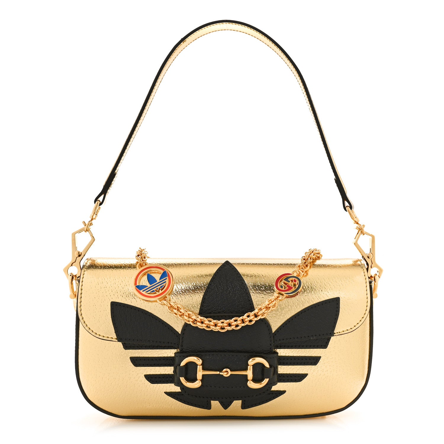 Gucci X ADIDAS Textured Dollar Calfskin Web Trefoil Horsebit 1955 Shoulder Bag King Gold Black 1 of 9