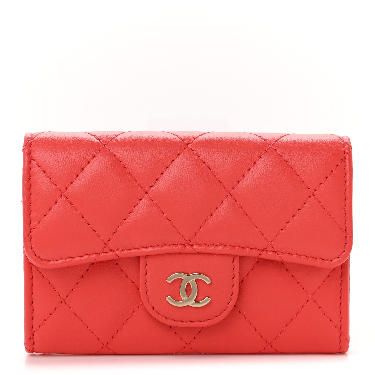Lambskin Quilted Flap Card Holder Wallet Coral