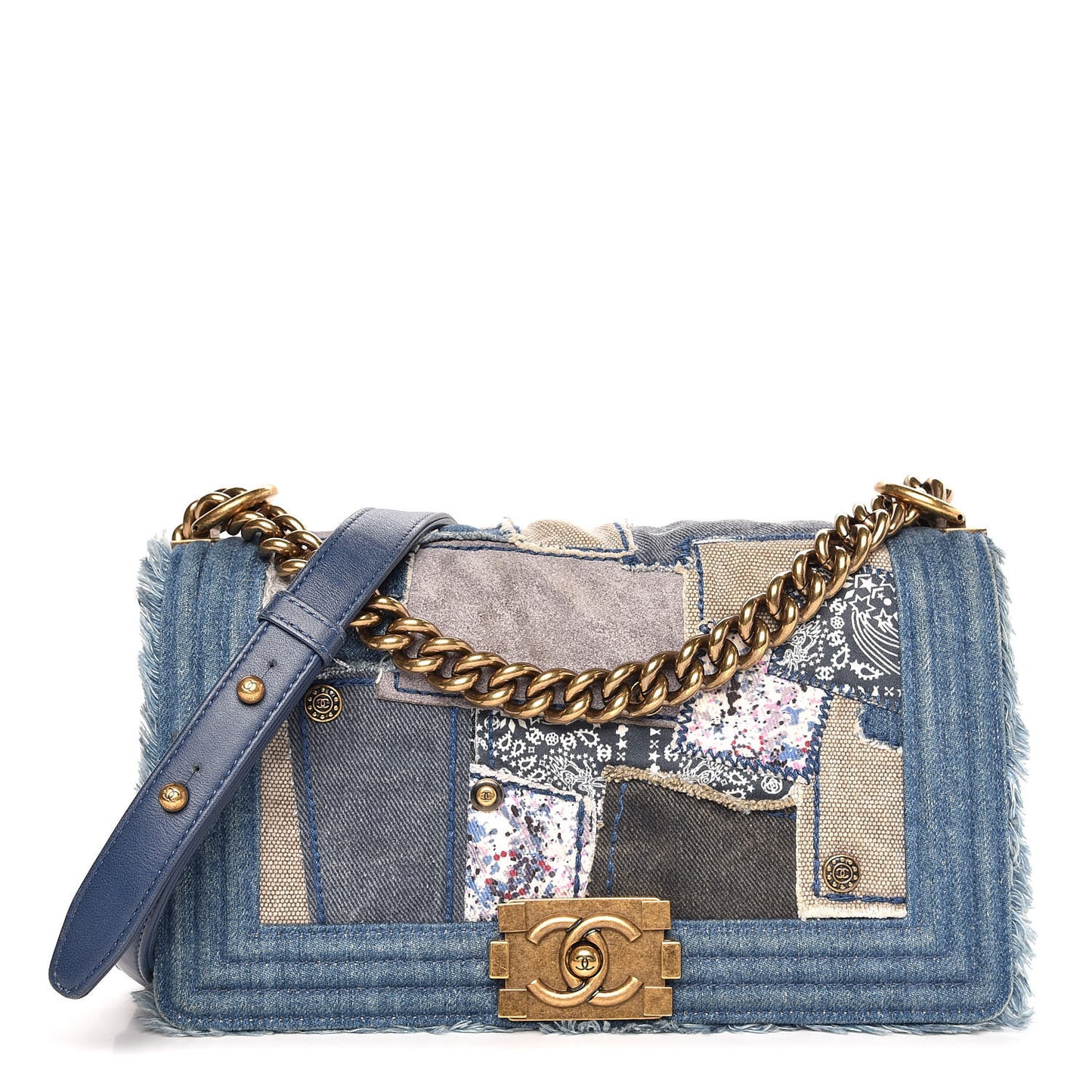 Denim Patchwork Medium Boy Flap Blue