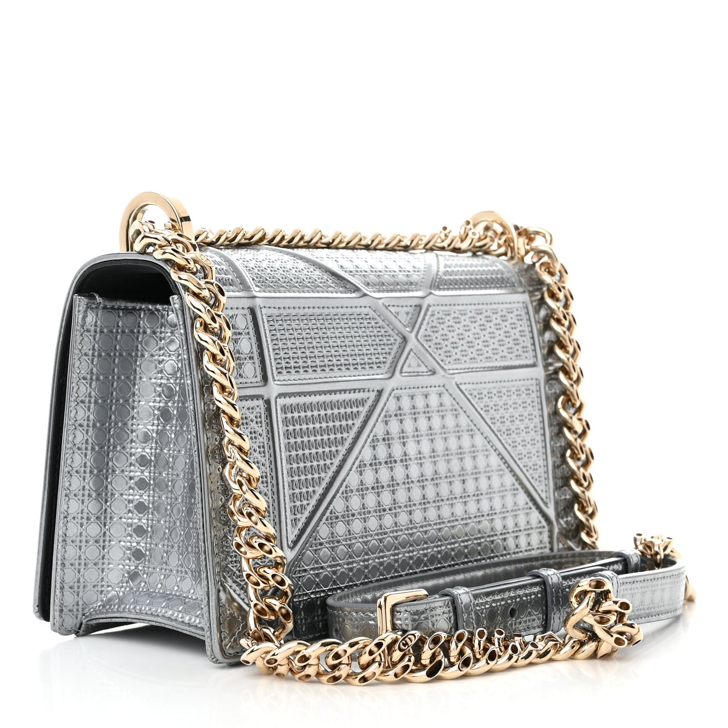Metallic Patent Micro-Cannage Medium Diorama Flap Bag Silver