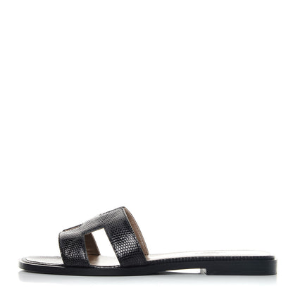 Hermes Lizard Oran Sandals 37 Black 1 of 10