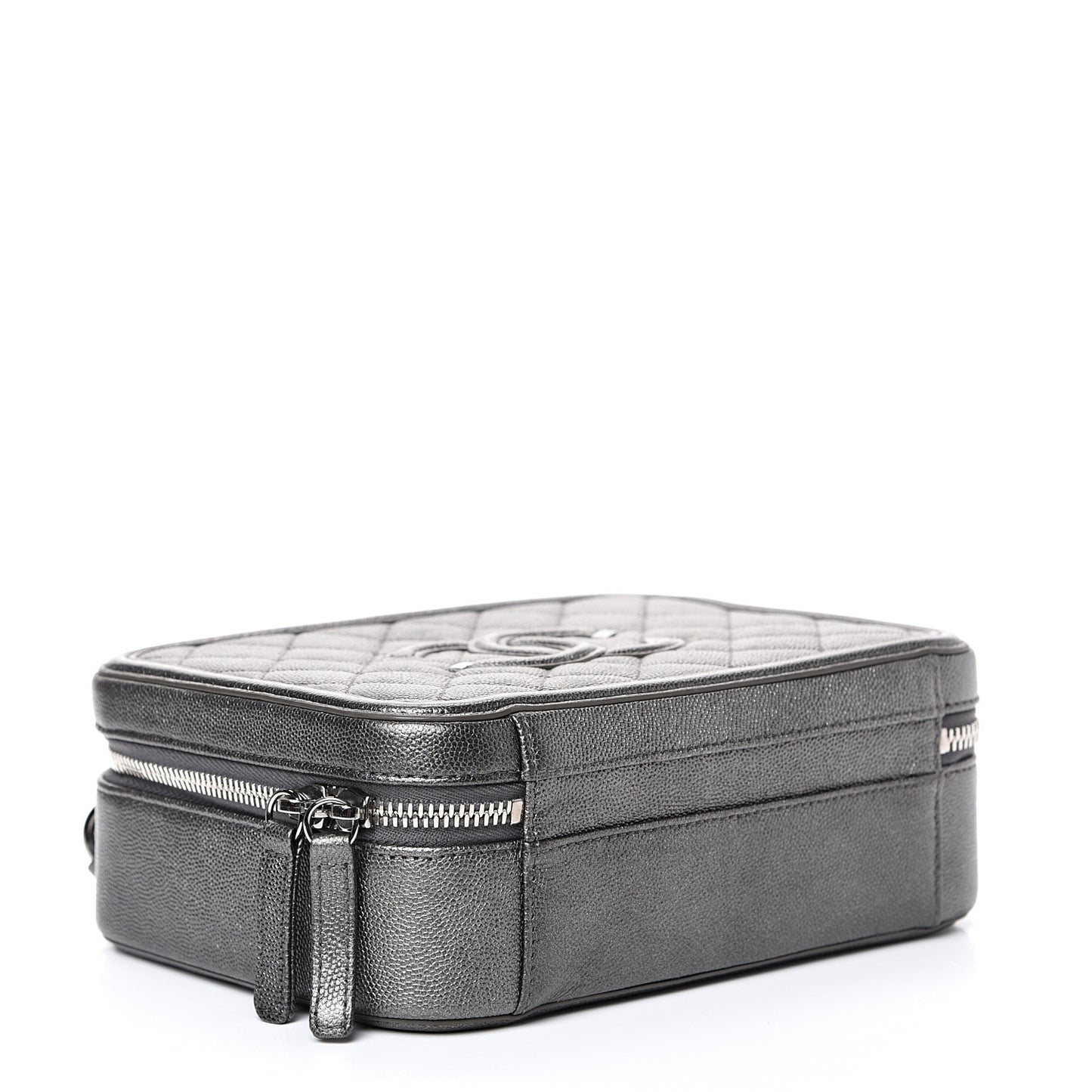 Metallic Caviar Quilted Medium CC Filigree Vanity Case Dark Silver
