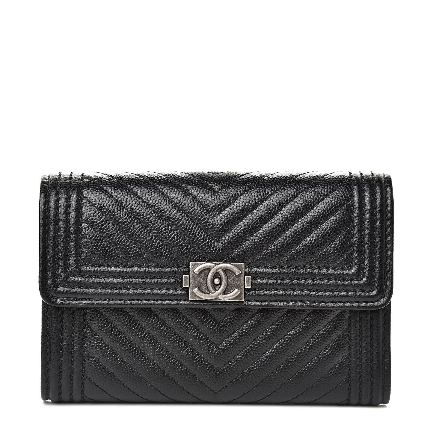 Caviar Chevron Quilted Medium Boy Flap Wallet Black