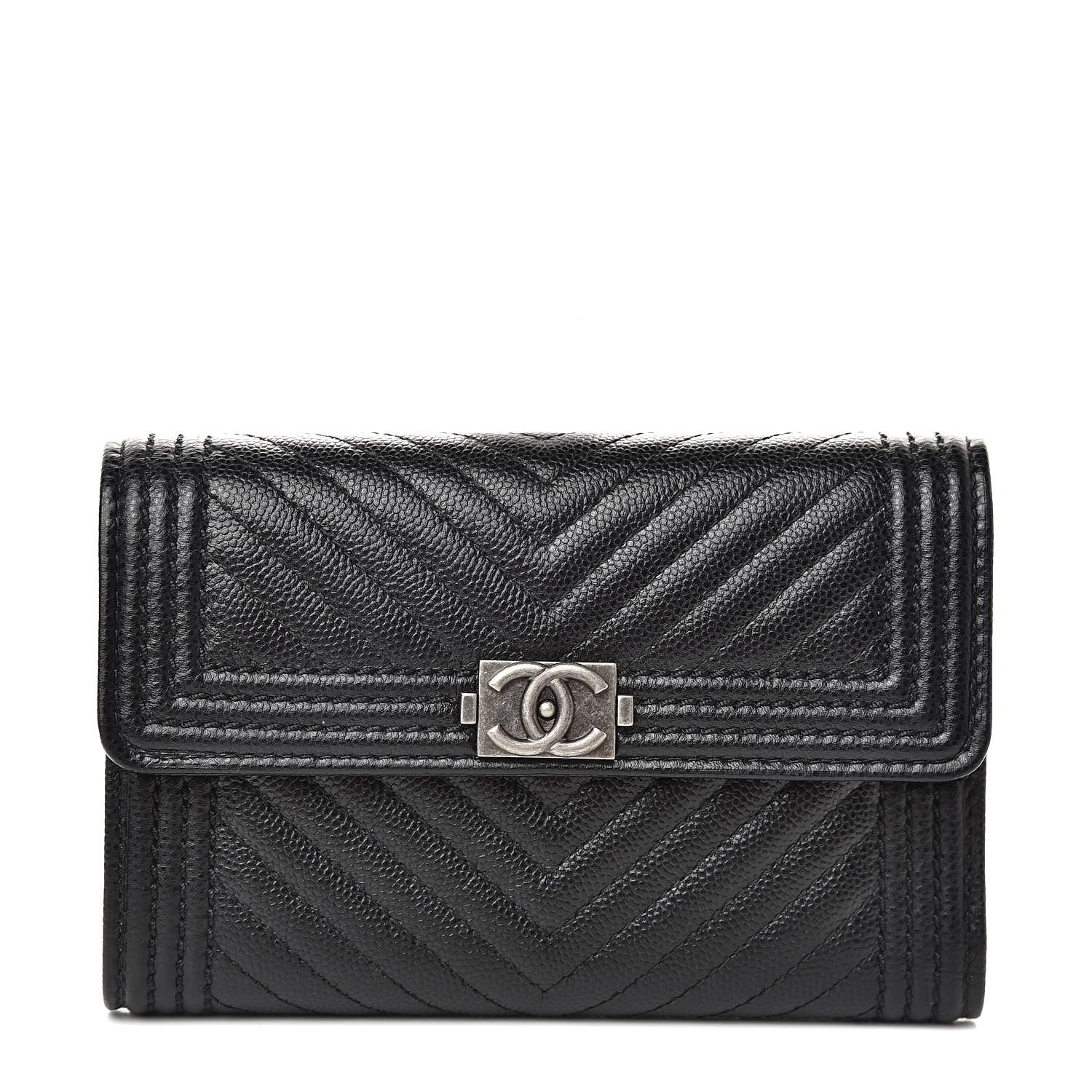 Chanel Caviar Chevron Quilted Medium Boy Flap Wallet Black 1 of 9