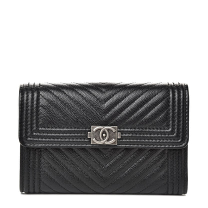 Chanel Caviar Chevron Quilted Medium Boy Flap Wallet Black 1 of 9