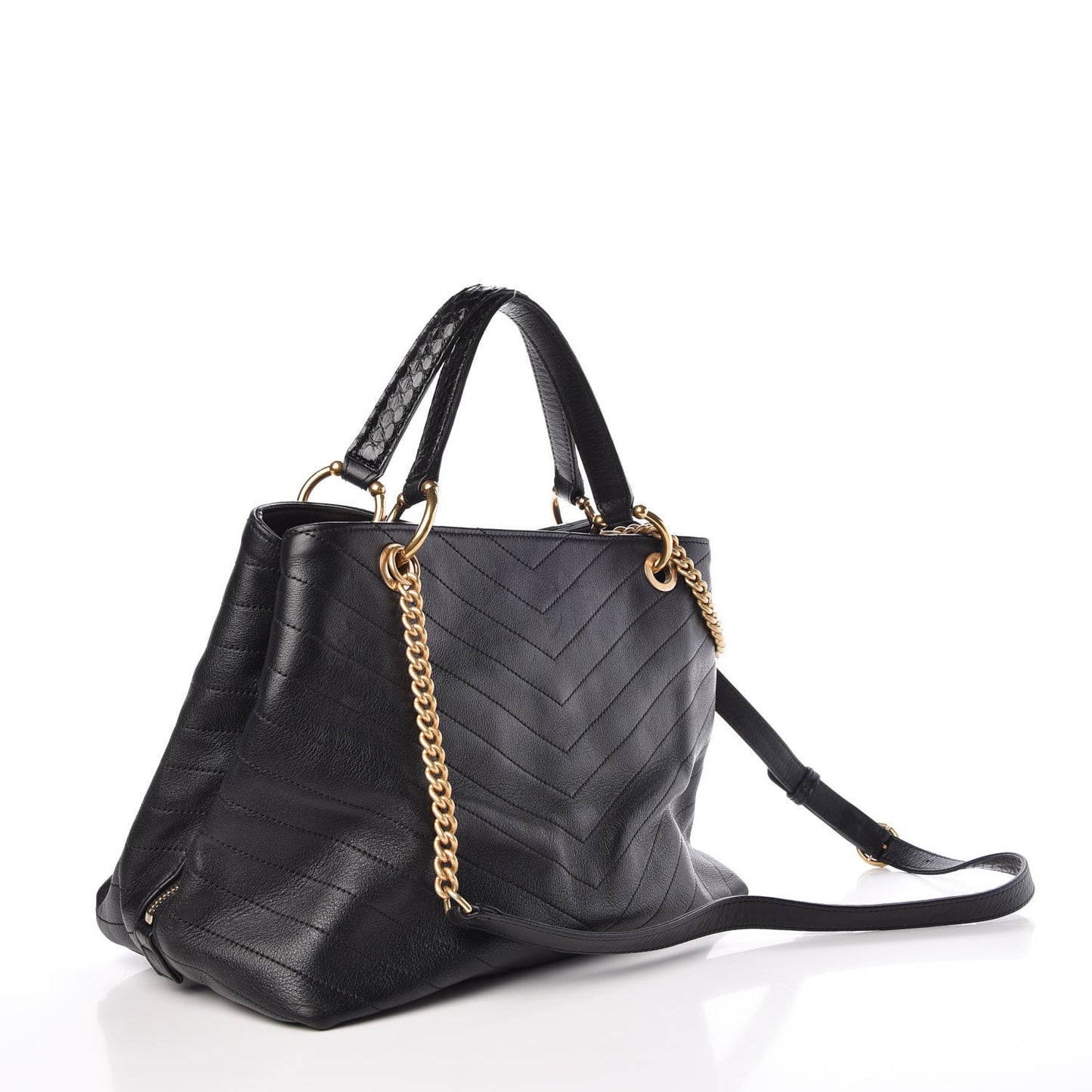 Calfskin Elaphe Stitched Large Chevron Chic Shopping Bag Black