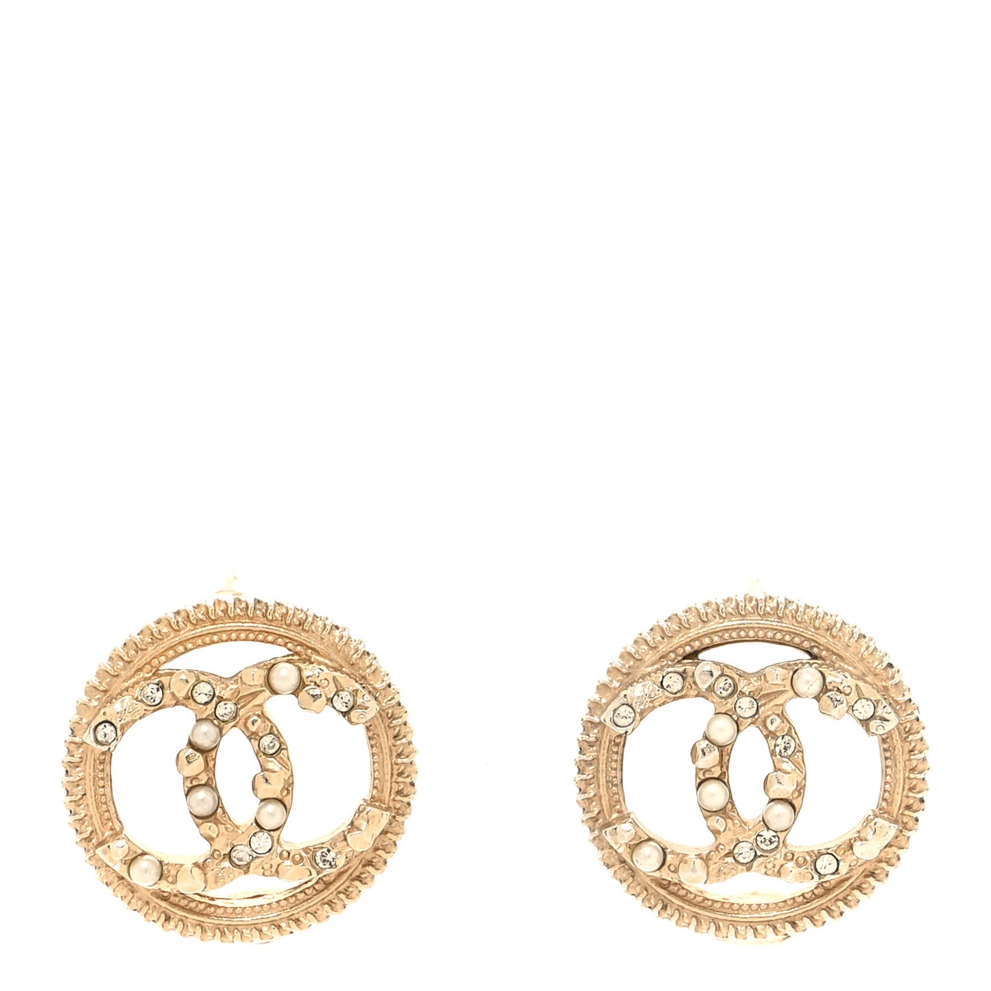 Pearl Crystal CC Round Earrings Gold