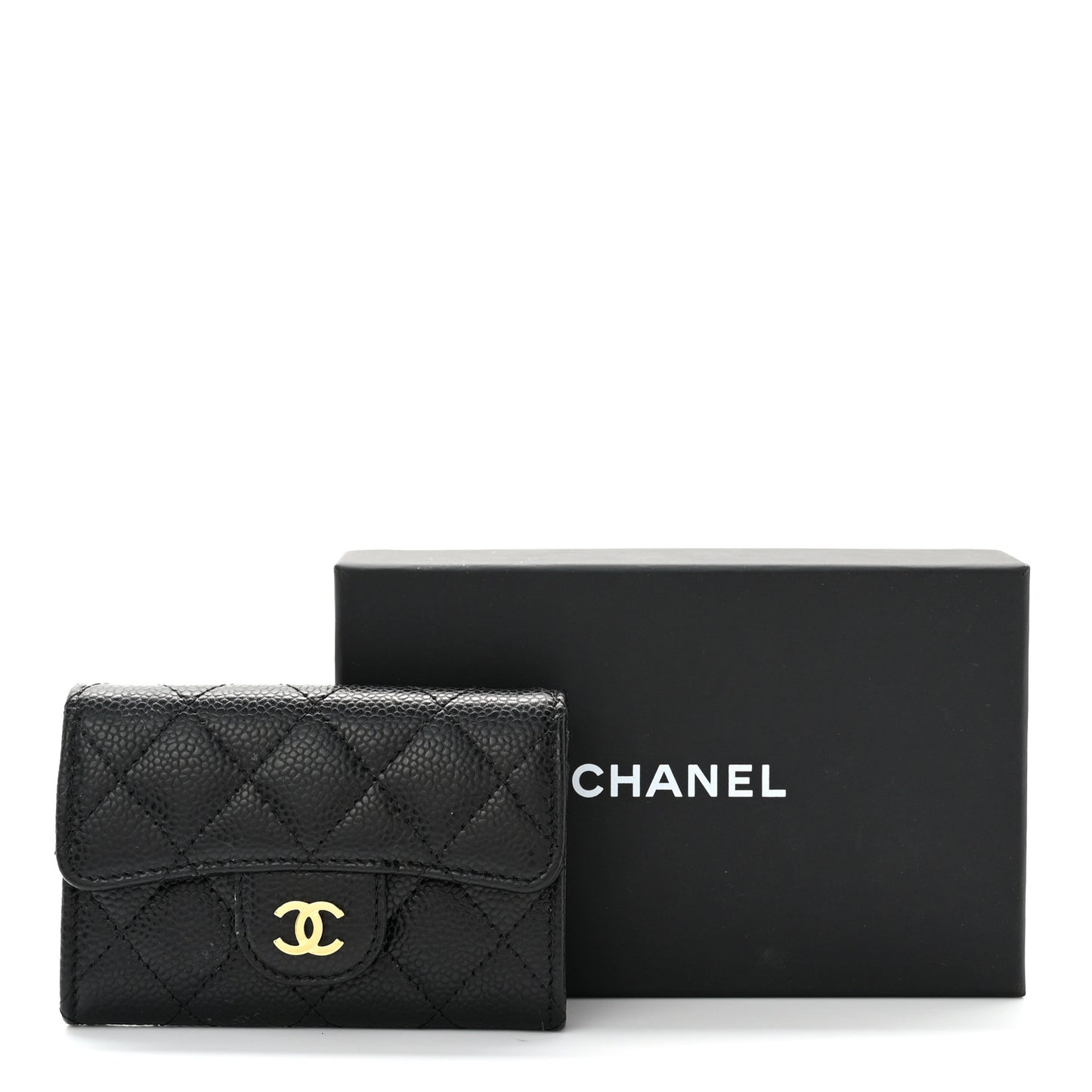 Caviar Quilted Flap Card Holder Wallet Black