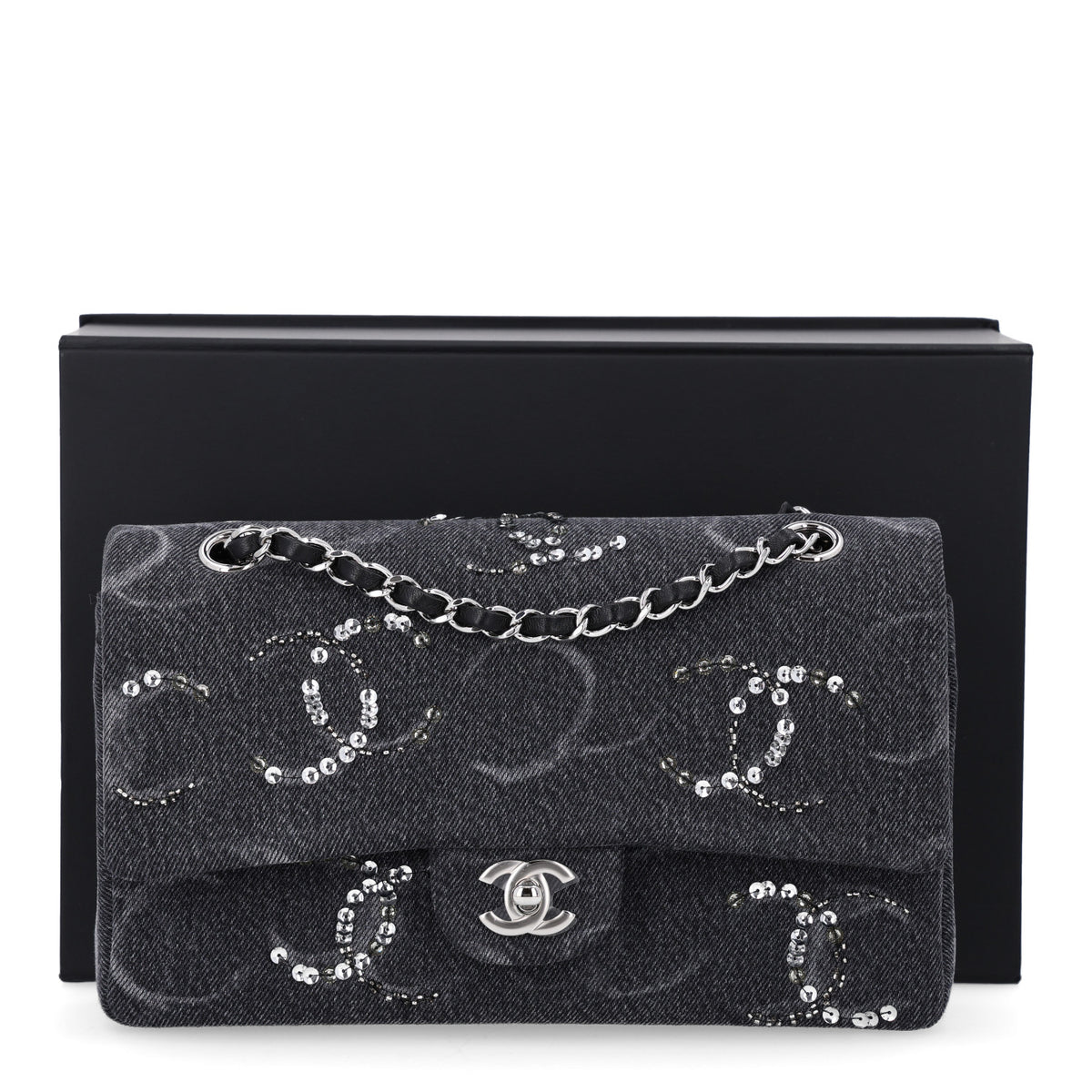 Denim Crystal Sequin CC Medium Double Flap Black